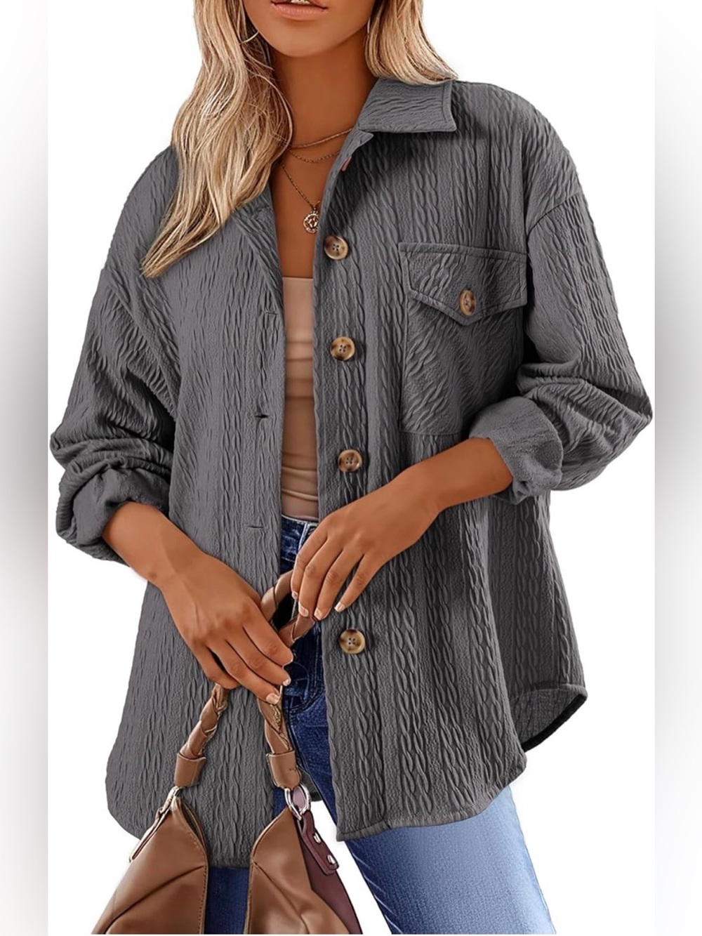 Oversized Textured Button-Front Jean Jacket - Gray